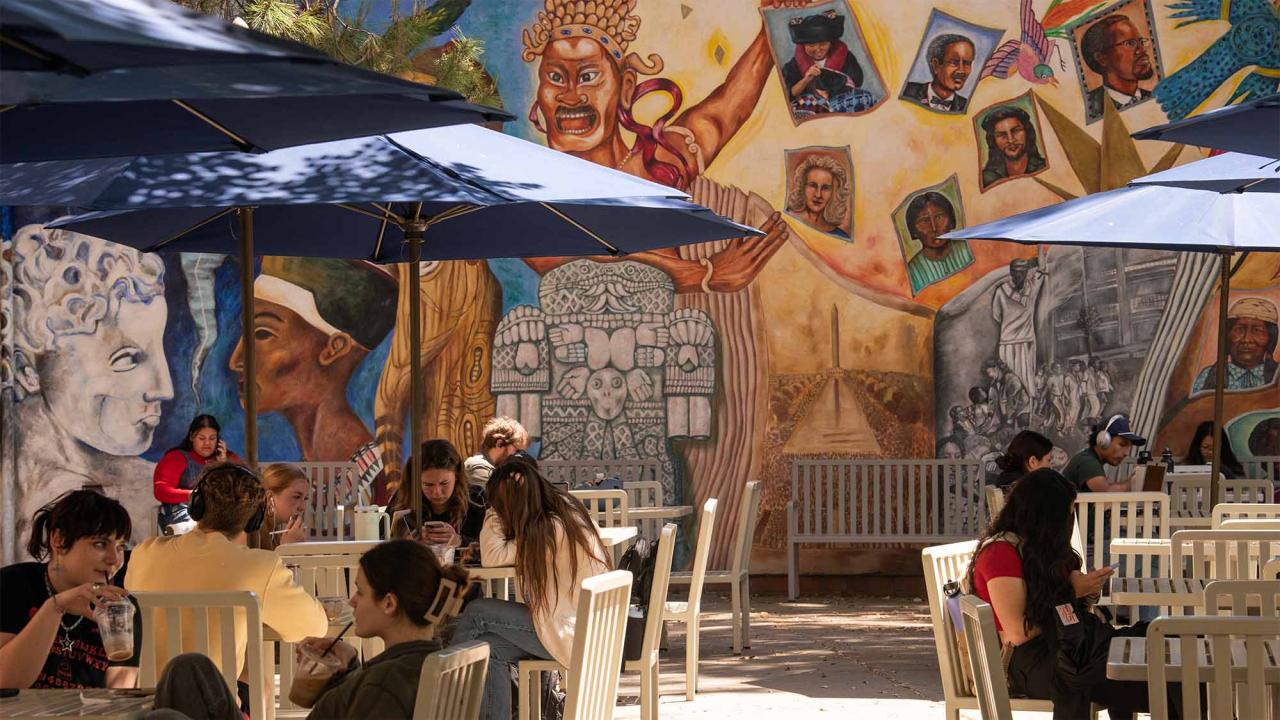 Students at tables in front of colorful mural