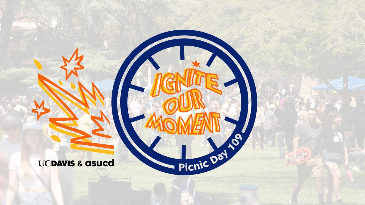 Crowd of people at Picnic Day with superimposed logo: Picnic Day 109: Ignite our moment