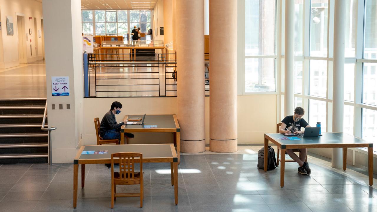 Shields Library interior, with people (in masks) at separate tables