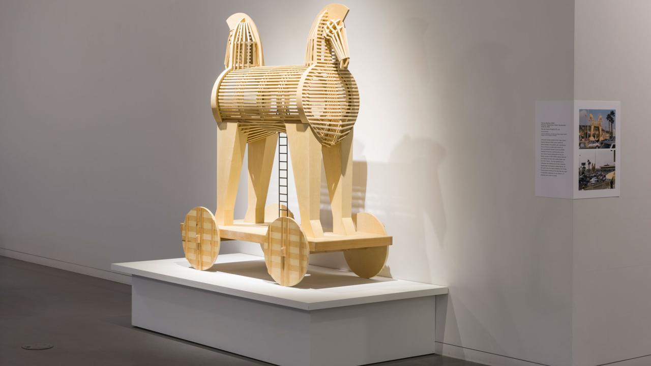 Two-headed horse-like figure in wood is part of Manetti Shrem Museum exhibitions
