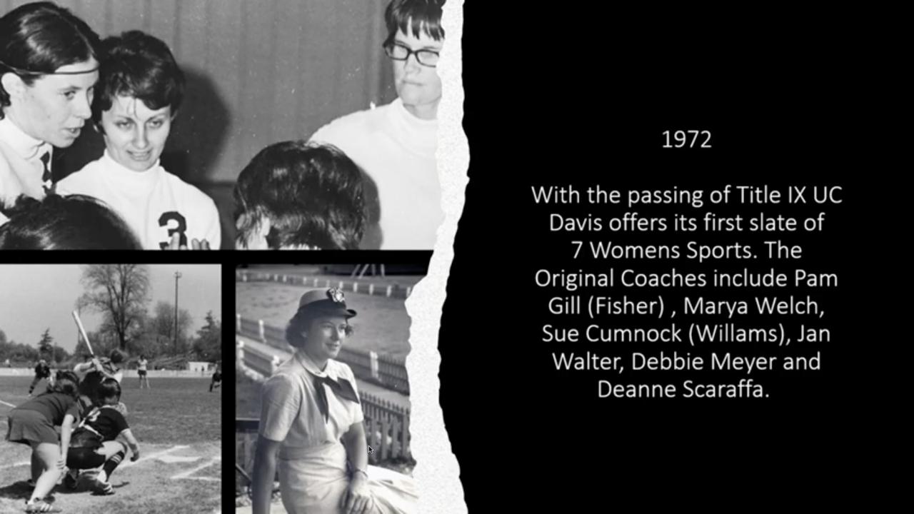 Women's athletics timeline slide, 1972, showing some of the participants in seven sports
