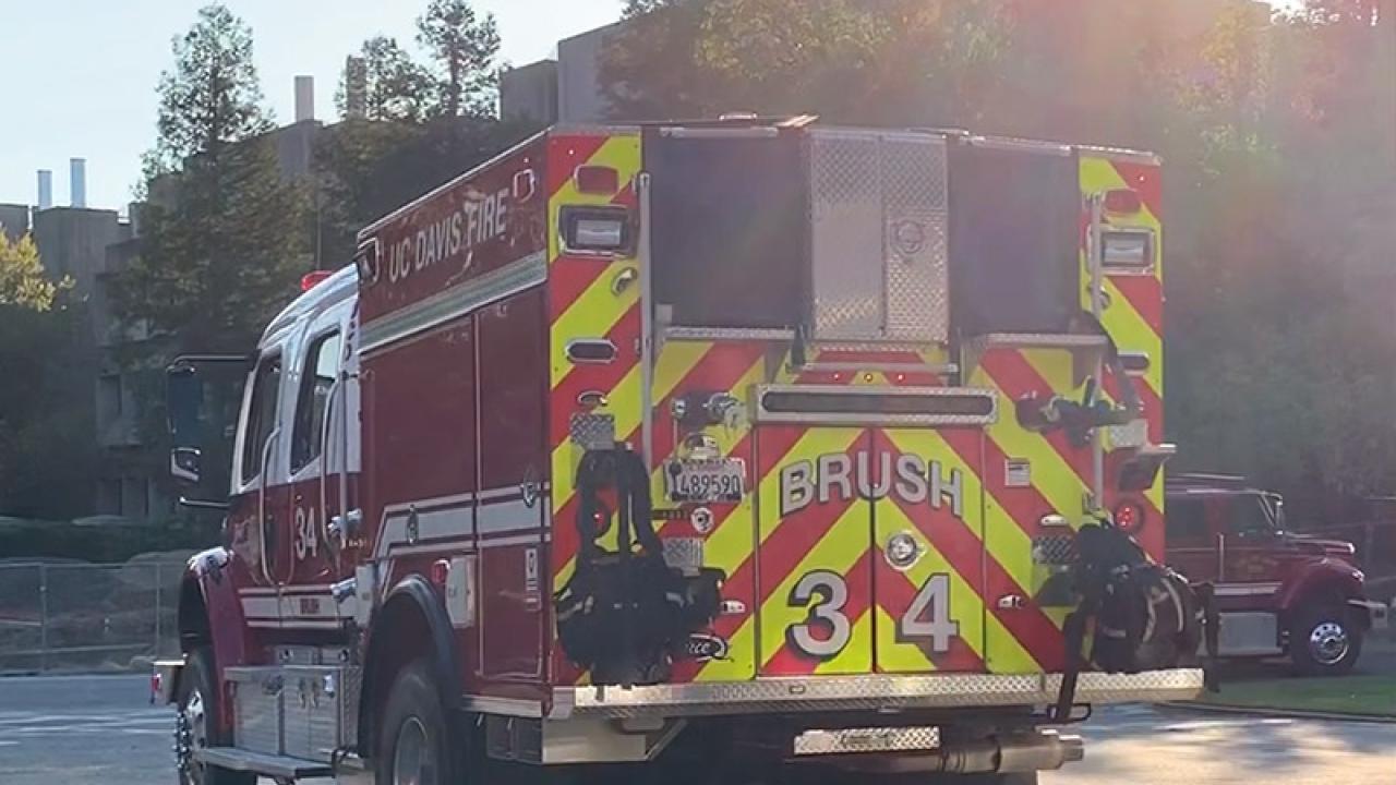 Brush Truck 34 leaving the UC Davis Fire station.