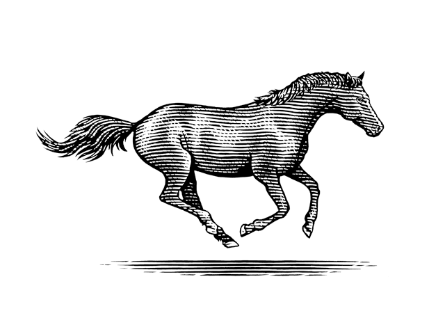 A woodcut illustration of a running horse