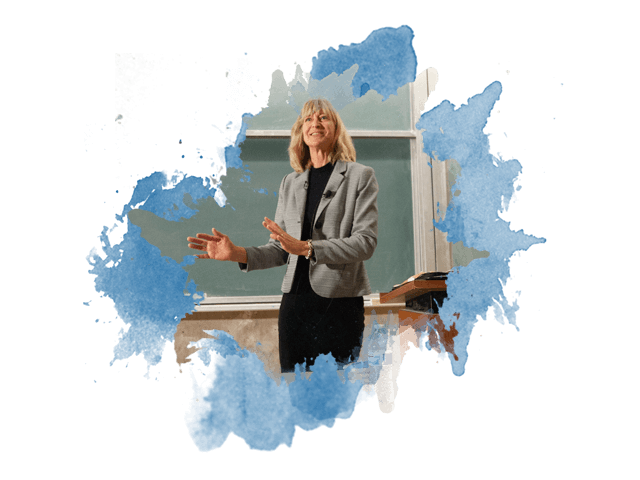 An artistic image of a teacher speaking to her class all contained in a paint splotch