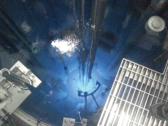 Inside the water cooling tanks of a nuclear reactor