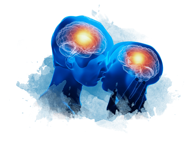 A computer generated image of to people kissing with glowing brains