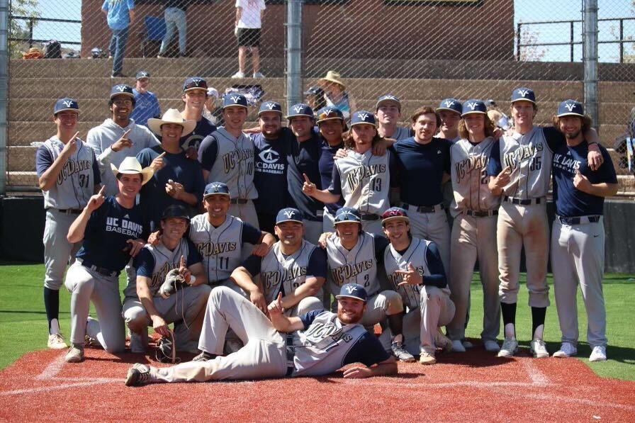 The UC Davis club baseball team after being named the Southern Pacific North Conference champions at the Southern Pacific Regional Tournament in spring of 2022. Ian Mcdonald is the seventh person standing from the left, on the top row. Photo credits: Kaley Stunz
