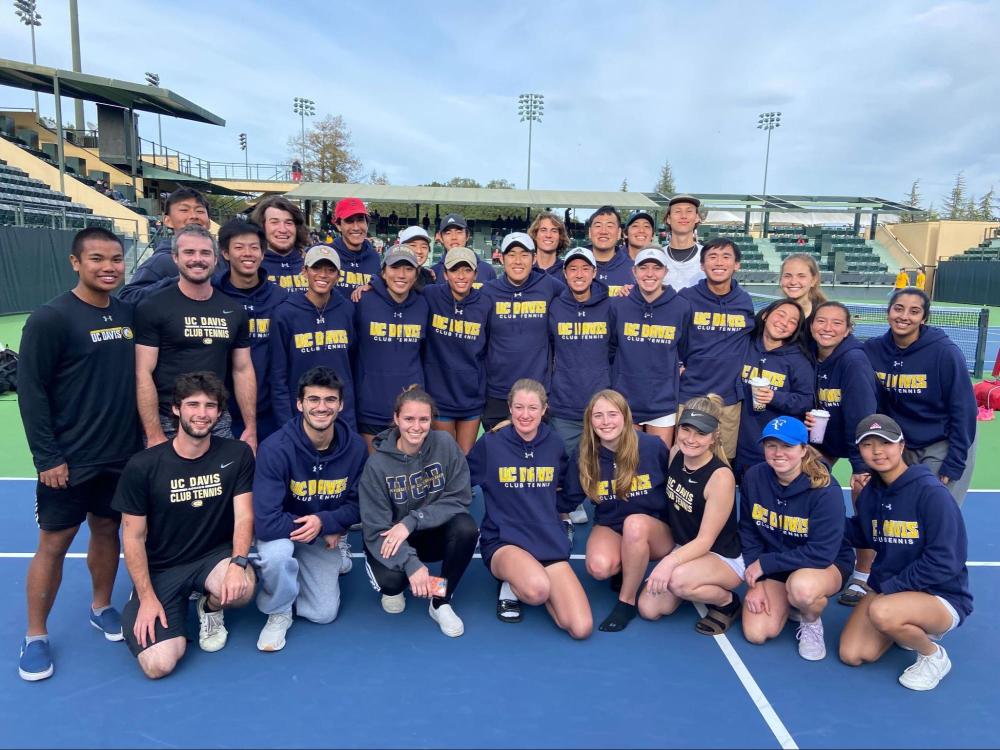 The UC Davis club tennis team (‘21–’22) at the USTA Tennis on Campus Northern California Section Championship at Stanford University. Jordan Pickett is the fourth person kneeling from the left.