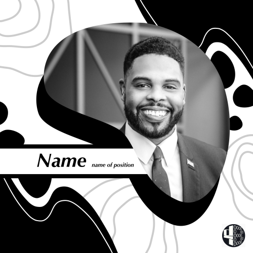 A man smiles in a headshot template with abstract designs. 