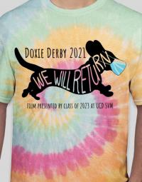 Tie-dye Doxie Derby T-shirt with dachshund: We Will Return"