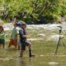 Students work in research teams to produce short videos from a river. They are wading in the water with a camera.