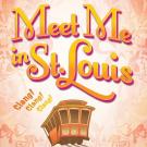 Logo for Meet Me in St. Louis, including a drawing of a trolley with the words "clang, clang, clang!" next to it.