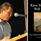 Pos Moua. reads from podium; and book cover, "Karst Mountains Will Bloom"