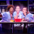 Three waitresses making a pie at a table, blowing a handful of flour into the air.