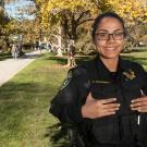 Catalina Hernandez in police uniform on the UC Davis campus