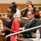 Roza Patterson asks a question after an appellate court hearing at King Hall.