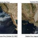 Two photos shot from above earth showing California and fires from 2007 and 2009