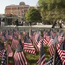 American flag display on the Quad, with the Memorial Union in the background