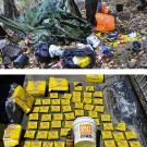 Photos: Researcher in the forst, amid trash; and rodenticide containers