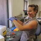 Photo: Smiling Sharon Gray in lab.