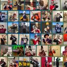 Compilation of many individual musicians in marching band uniforms.