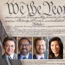 U.S. Constitution showing "We the People," with headshots of three faculty members and the chief justice, superimposed.