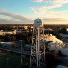 Aerial shot of water tower and campus