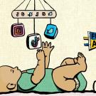 pen and ink illustration of a baby playing with a mobile featuring logos from social media companies. A baby bottle, Gunrock mascot toy and Future Aggie pennant are in the background