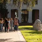 Prospective students and their parents take a walking tour of campus on February 7, 2022. The tour visits an Egghead outside Mrak Hall.