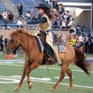 Maggie the Aggie rides onto football field