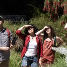 A man with a cell phone and three women, shielding their eyes from the sun, look up into the sky for birds