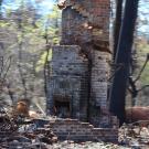A brick fireplace standing amidst rubble from a burnt down house.