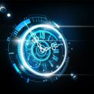 Futuristic image of a clock face in blue and white against a black background