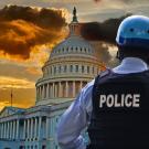 Back of police officer in front of U.S. capitol building