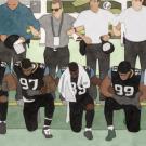 Art depiction of film still of football players, some taking a knee