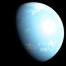 Pale blue planet, with some light clouds, lit from the right against a black background