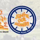 Crowd of people at Picnic Day with superimposed logo: Picnic Day 109: Ignite our moment
