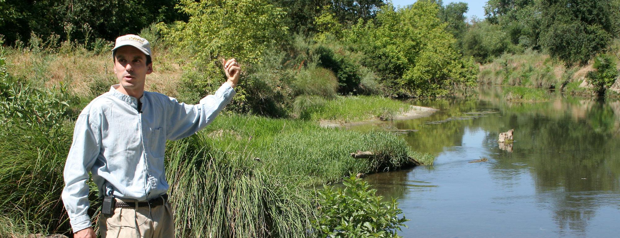 A UC Davis researcher points at a wetlands areas behind him