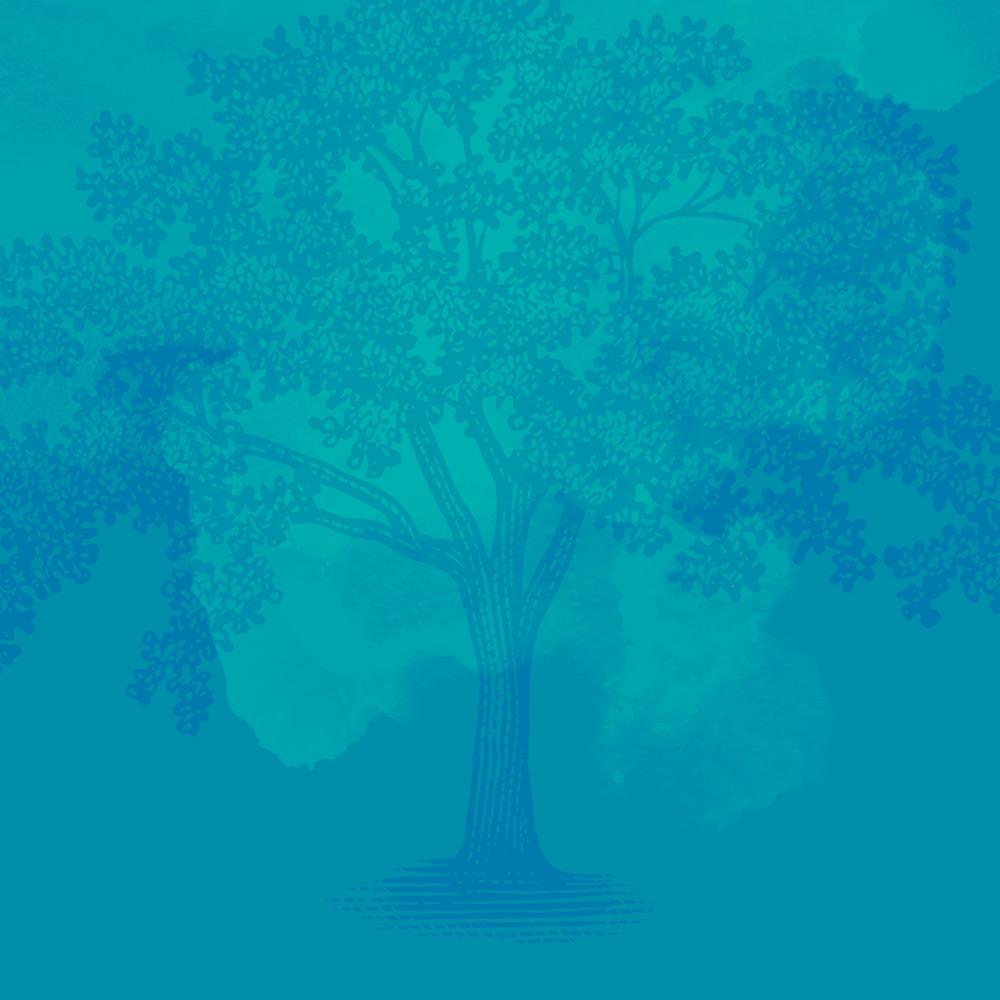 an illustration of a tree over watercolor brush strokes and blue-green background.
