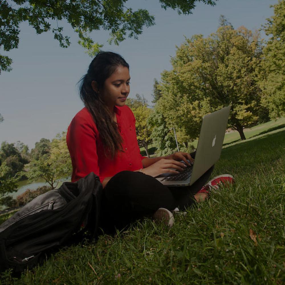 A student works on her laptop on the quad at UC Davis