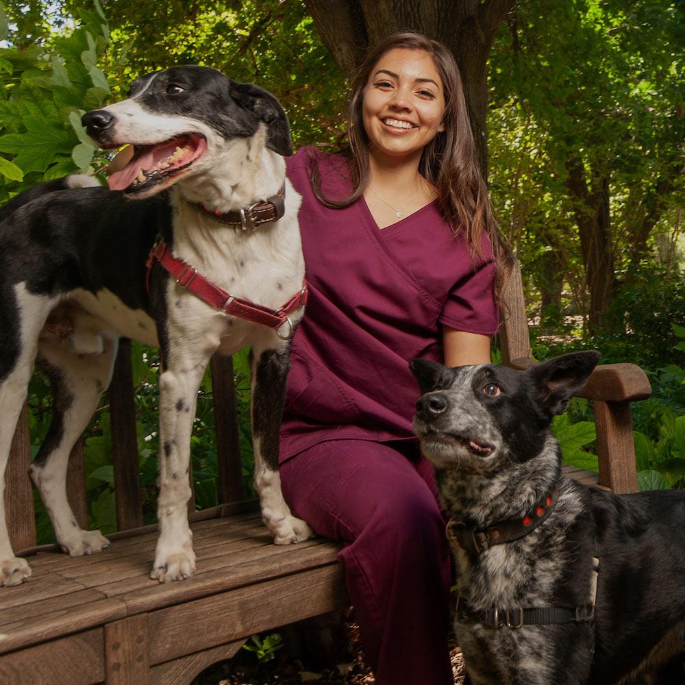A female vet student poses with her two dogs