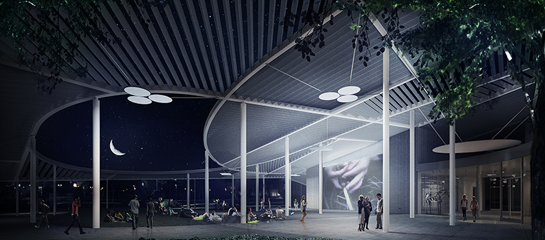  Rendering of a night scene of a museum canopy and people walking about