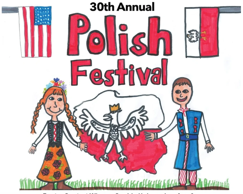 A promotional graphic drawn by a child depicting the Polish flag and a mand an woman wearing traditional Polish attire.