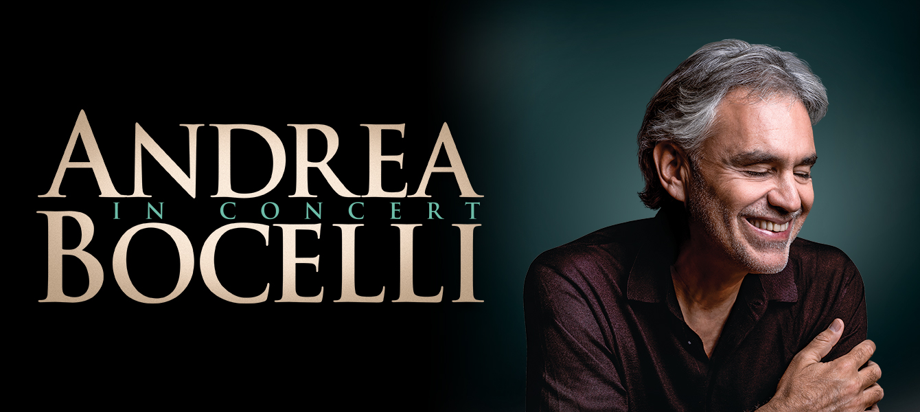 A promotional photo featuring Andrea Bocelli smiling wtth his eyes closed.