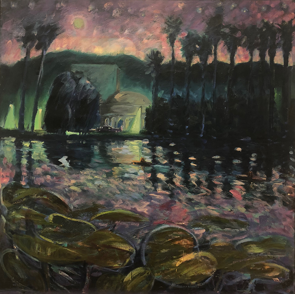 A painting of a lake and palm trees.