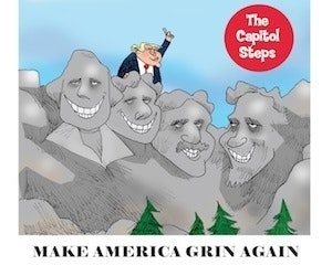 A cartoon drawing of Mount Rushmore with President Trump climbing on top.