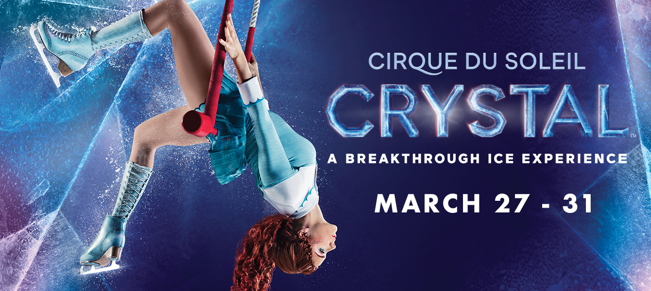 A promotional graphic for Cirque du Soleil Crystal showing an acrobat wearing ice skates and hanging upside-down.