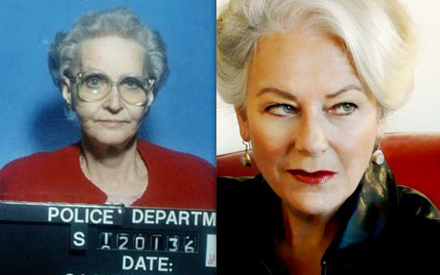 Side-by-side photos of the real Dorthea Puente and the actress portraying her in the play.