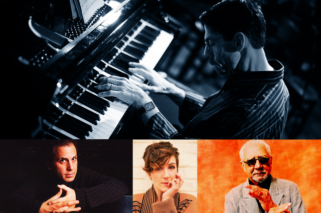 Fred Hersch at the piano, with headshots of Larry Goldings, Sara Gazarek and Charles Lloyd.