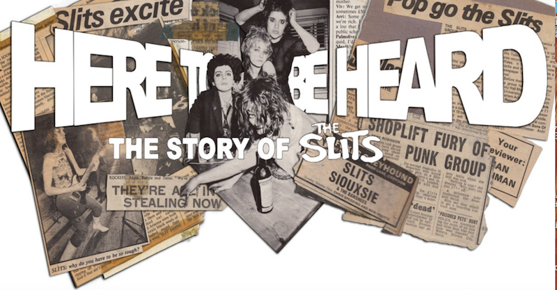An image of members of the Slits, surrounded by newspaper clippings of stories about the band.